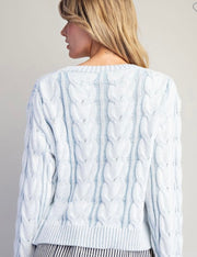 Frosted Sky Blue Cable V Neck Sweater
