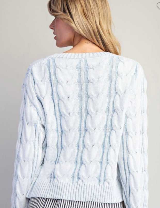 Frosted Sky Blue Cable V Neck Sweater