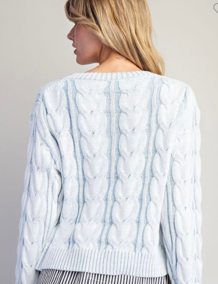 Frosted Sky Blue Cable V Neck Sweater