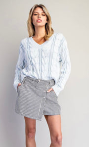Frosted Sky Blue Cable V Neck Sweater