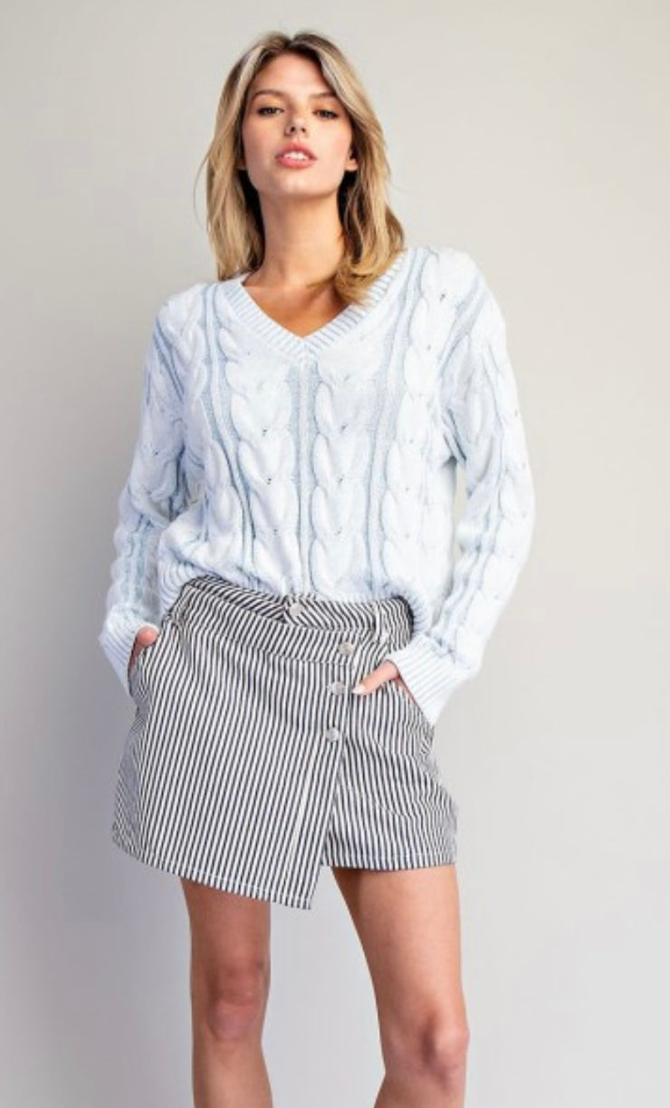 Frosted Sky Blue Cable V Neck Sweater