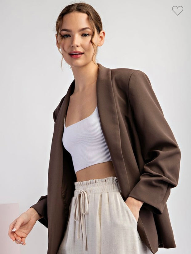 Classic Lapel Blazer With Ruched Sleeves- Available in Black and Brown