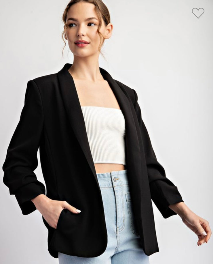 Classic Lapel Blazer With Ruched Sleeves- Available in Black and Brown