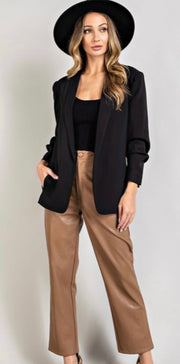 Classic Lapel Blazer With Ruched Sleeves- Available in Black and Brown