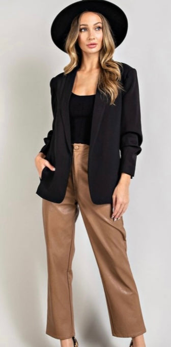 Classic Lapel Blazer With Ruched Sleeves- Available in Black and Brown