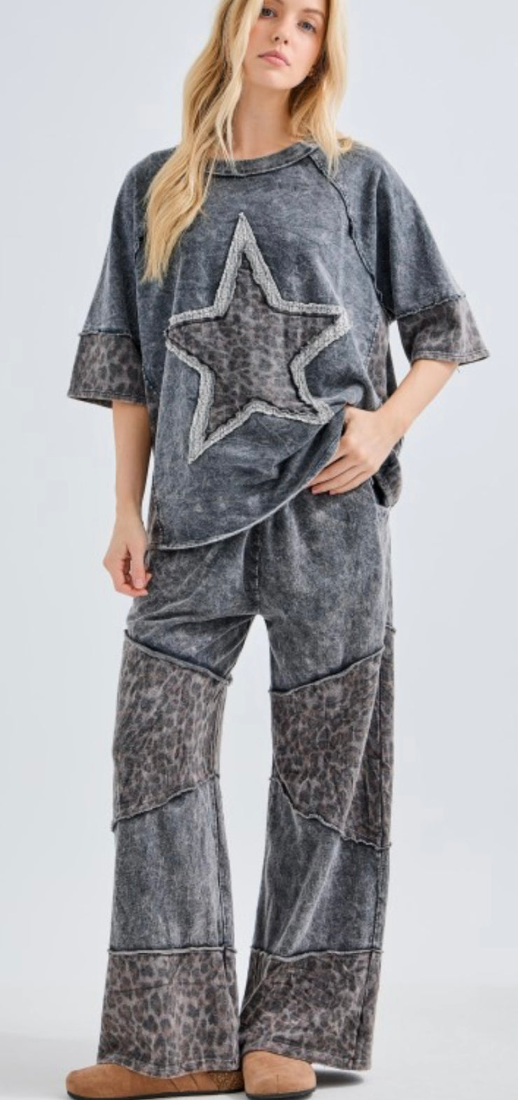Ashed Black Mineral Washed Leopard Detail Pant- Matching Top Available