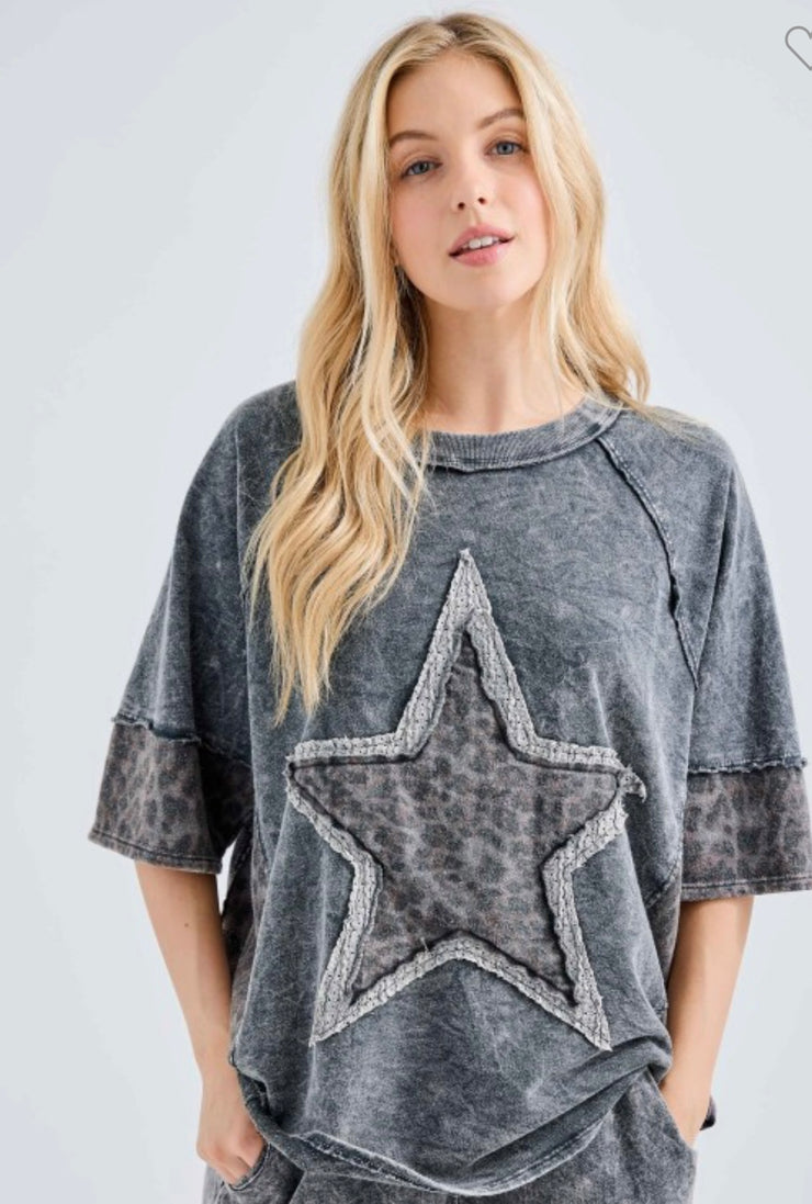 Ashed Black Mineral Wash Leopard Lace Star Halfsleeve Top- Matching Pants Available