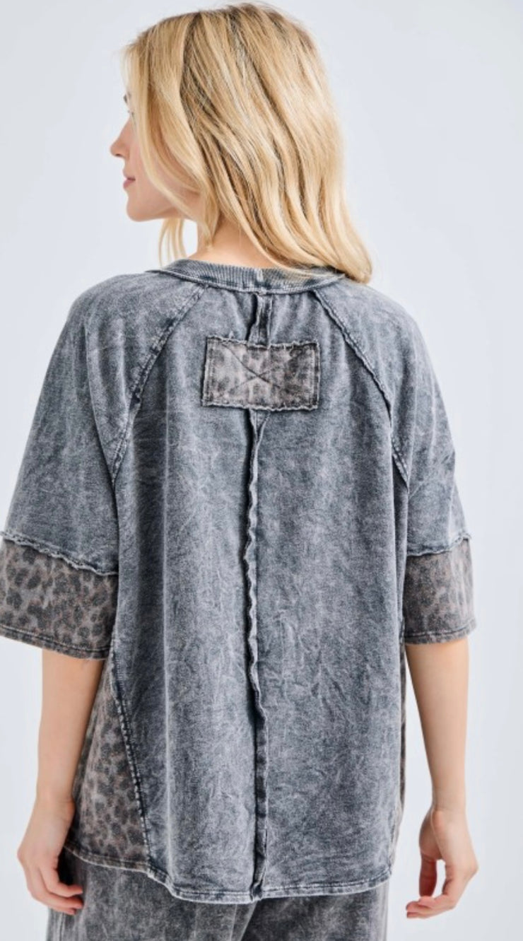 Ashed Black Mineral Wash Leopard Lace Star Halfsleeve Top- Matching Pants Available