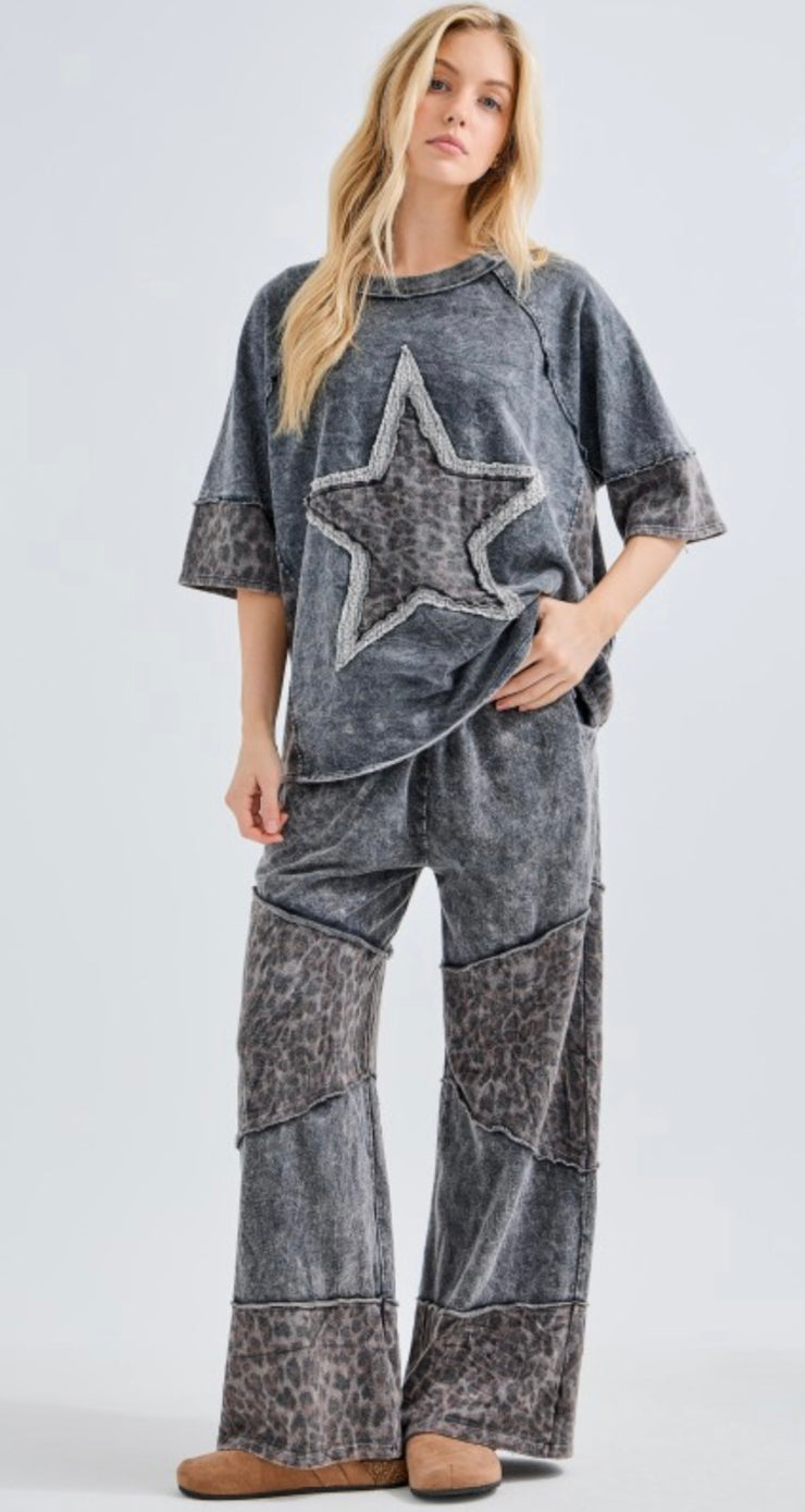 Ashed Black Mineral Wash Leopard Lace Star Halfsleeve Top- Matching Pants Available