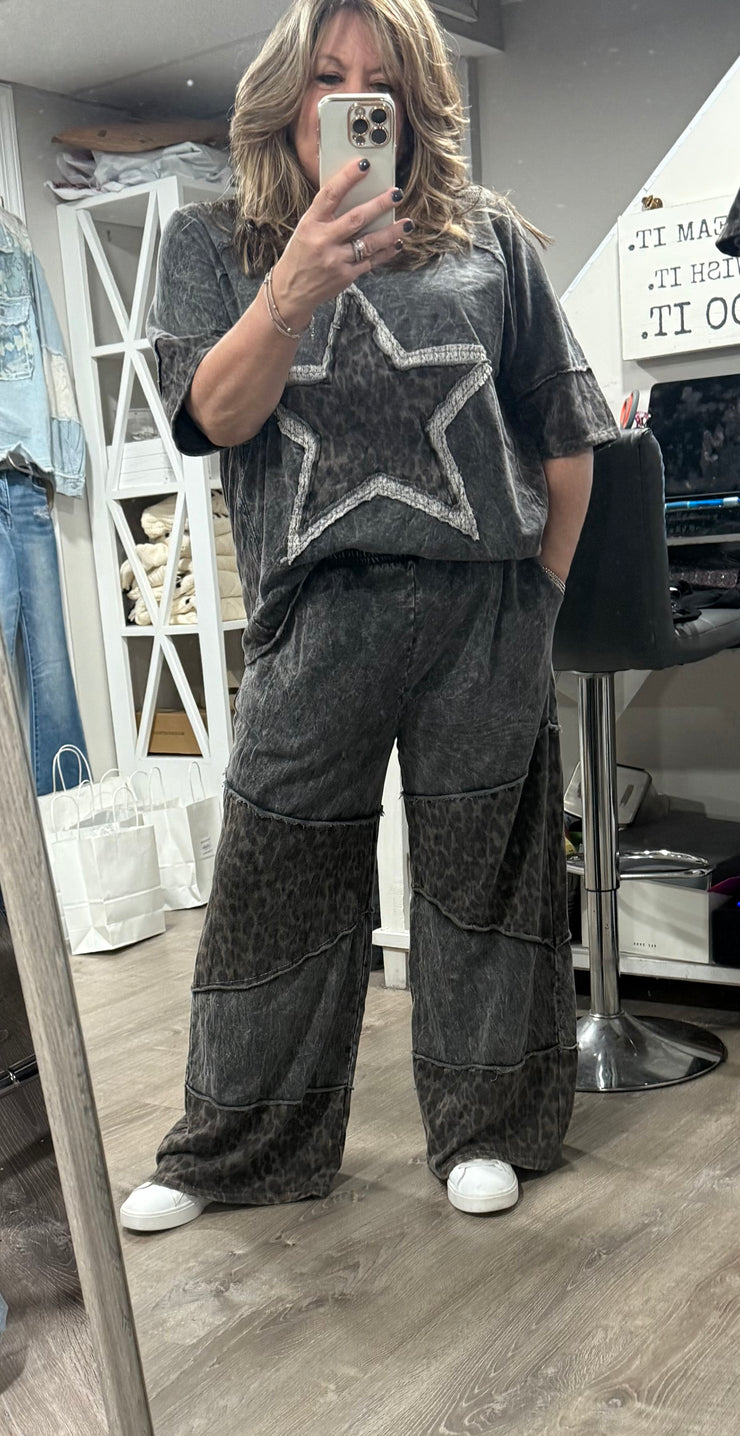 Ashed Black Mineral Wash Leopard Lace Star Halfsleeve Top- Matching Pants Available
