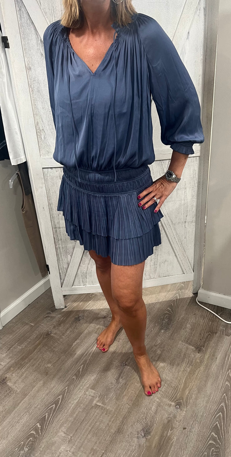 Dusty Blue 3/4 Sleeve Pleated Dress (Available in 3 Colors)