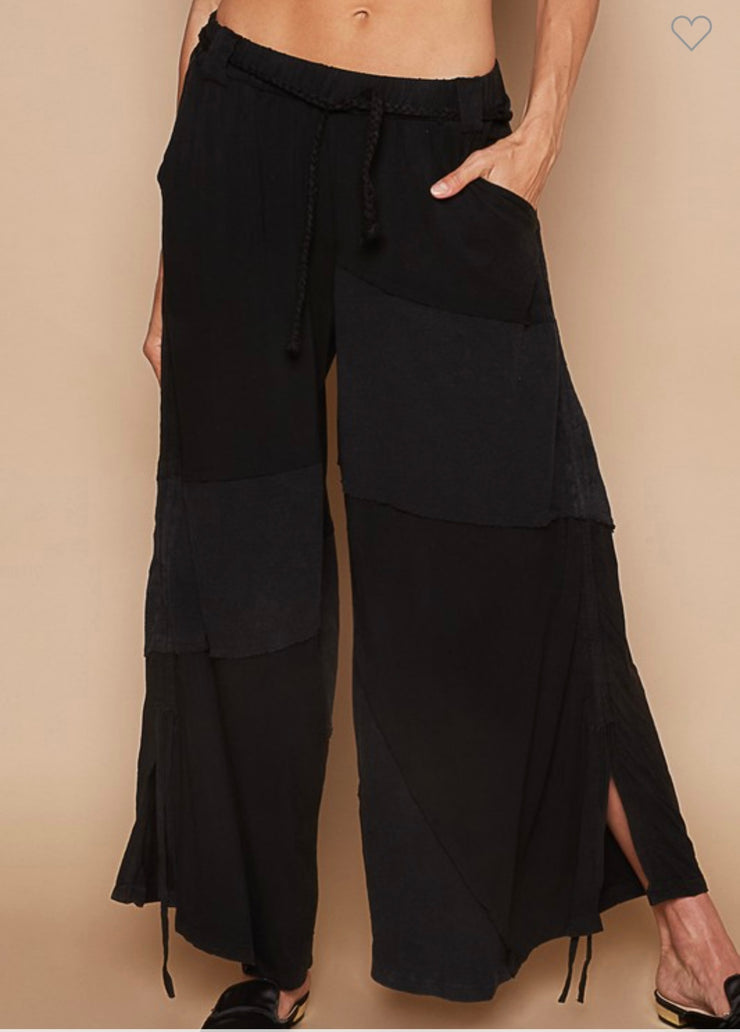 Black Drawstring Color Block Side Wide Leg Pants