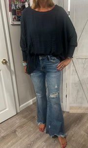 Midnight Blue Oversized Top With Smocked Cuff Sleeve