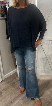 Midnight Blue Oversized Top With Smocked Cuff Sleeve