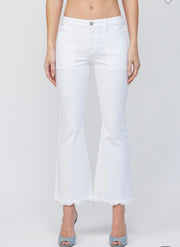 Hidden White Mid Rise Cargo Pocket Cropped Flare Jeans With Frayed Edge
