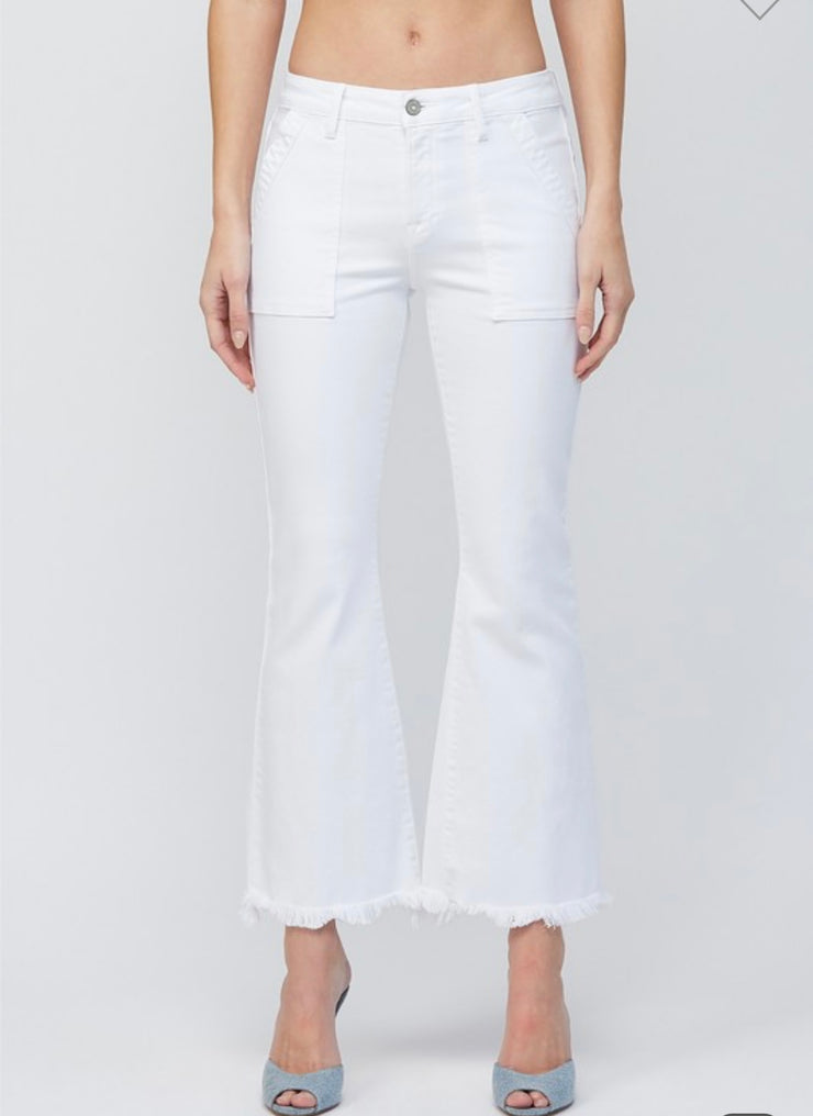Hidden White Mid Rise Cargo Pocket Cropped Flare Jeans With Frayed Edge