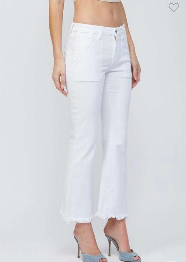 Hidden White Mid Rise Cargo Pocket Cropped Flare Jeans With Frayed Edge