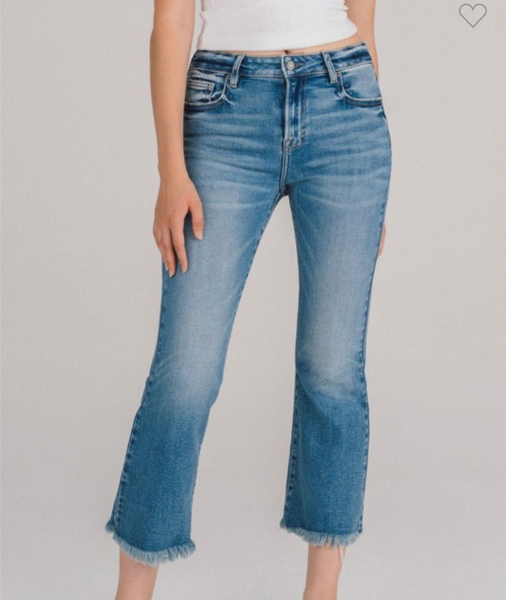 Medium Wash Frayed Hem Cropped Flare Jeans-No rips or Distressing