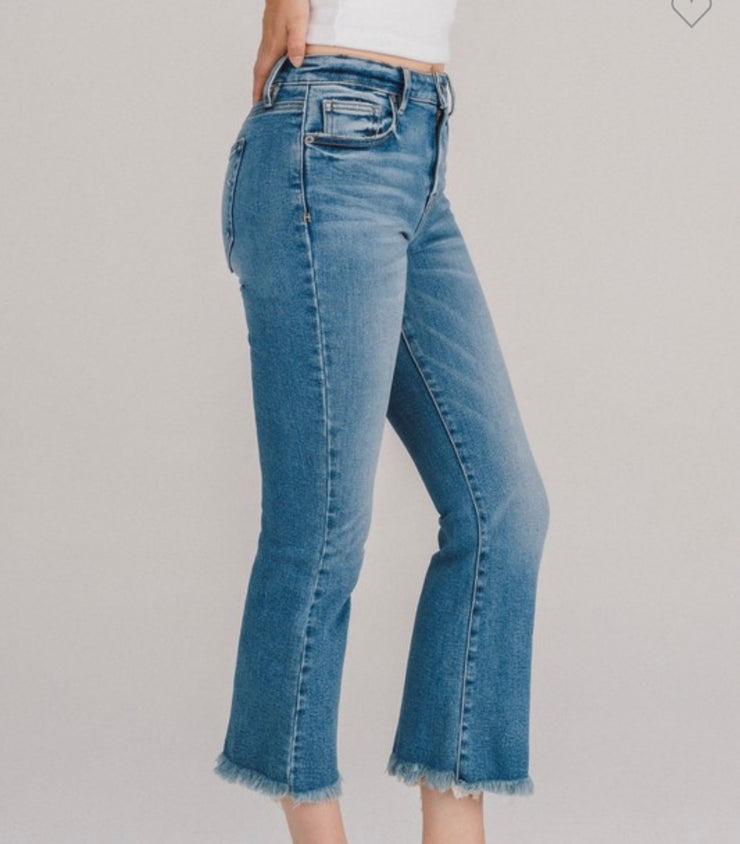 Medium Wash Frayed Hem Cropped Flare Jeans-No rips or Distressing