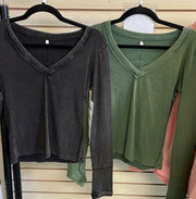 Mineral Washed V Neck Top- Available in Black and Hunter Green