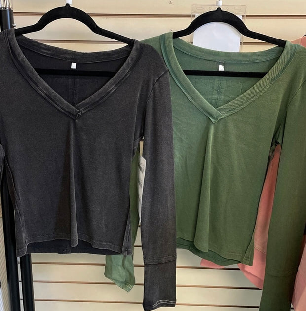 Mineral Washed V Neck Top- Available in Black and Hunter Green