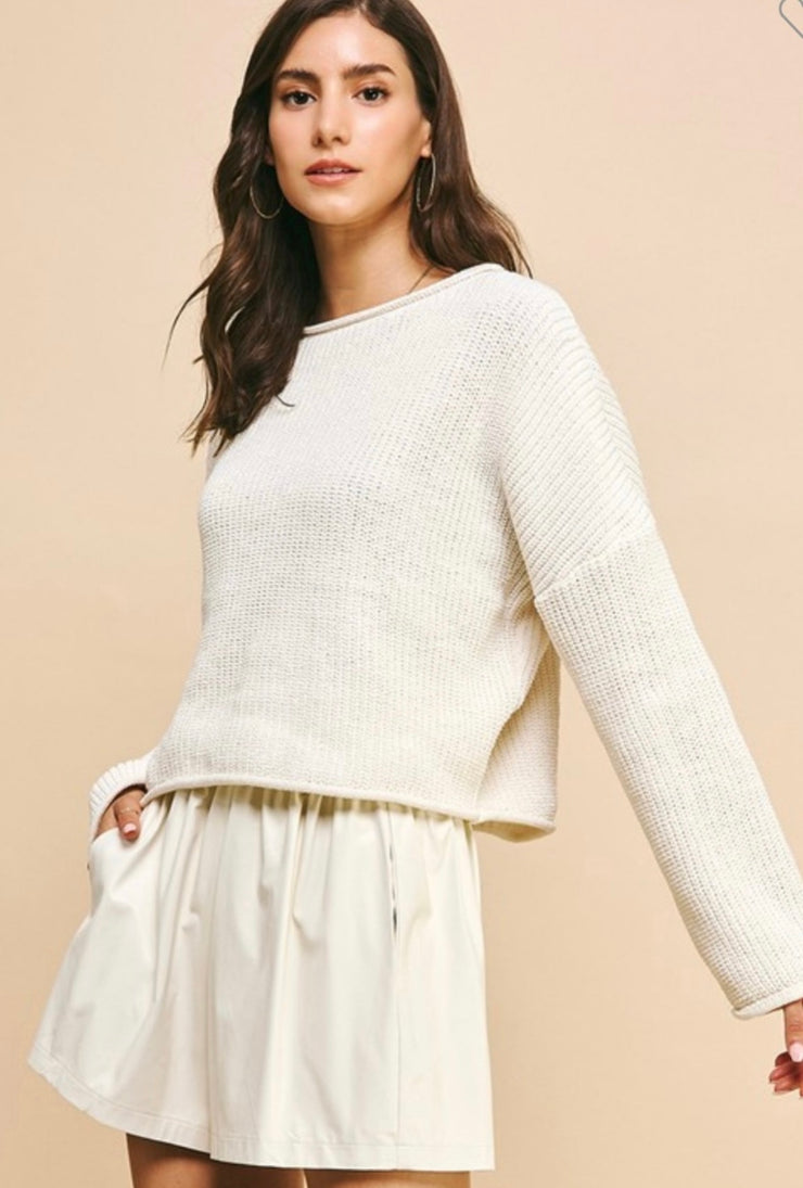 Roll-Edge Cropped Sweater Pullover- Available in Cream &  Black