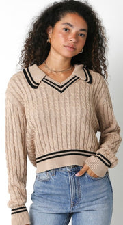 Cable V Neck Sweater With Collar & Trim Detail- Available in 2 Colors!