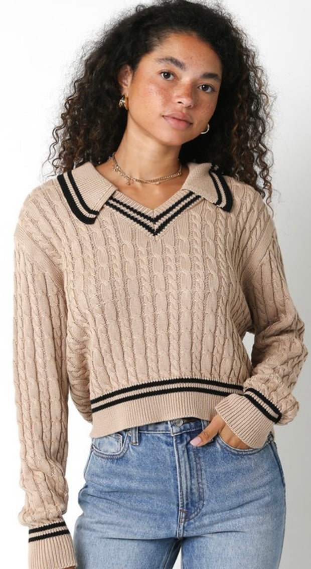Cable V Neck Sweater With Collar & Trim Detail- Available in 2 Colors!