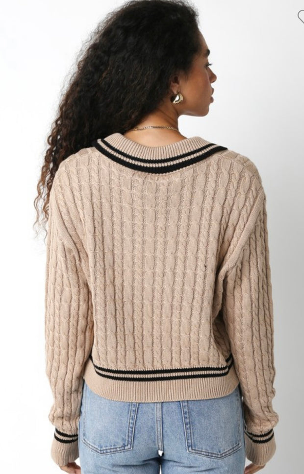 Cable V Neck Sweater With Collar & Trim Detail- Available in 2 Colors!