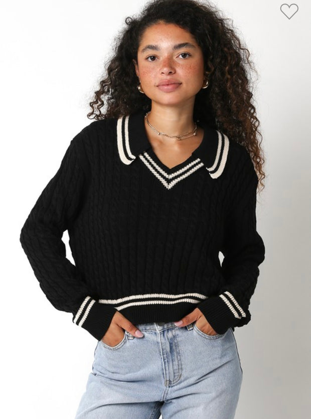 Cable V Neck Sweater With Collar & Trim Detail- Available in 2 Colors!