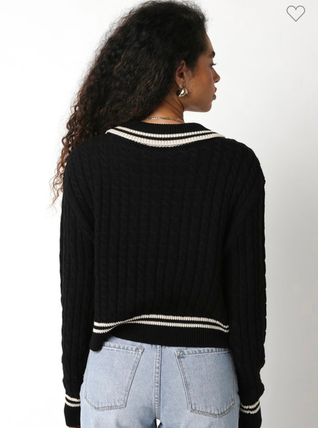Cable V Neck Sweater With Collar & Trim Detail- Available in 2 Colors!