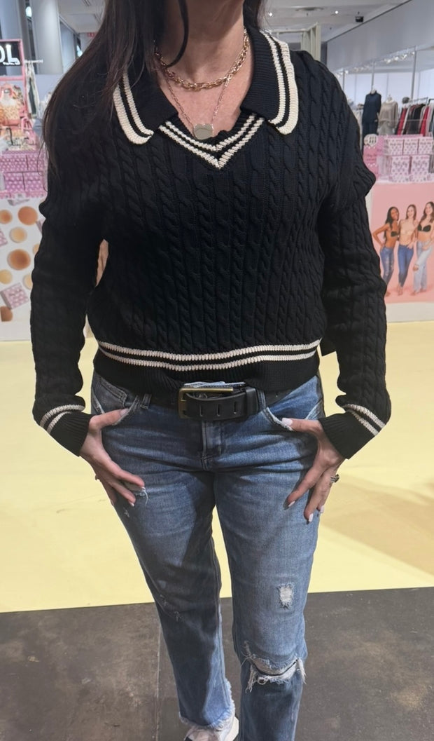 Cable V Neck Sweater With Collar & Trim Detail- Available in 2 Colors!