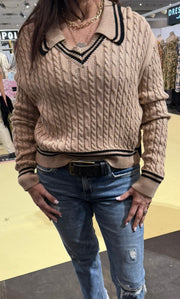 Cable V Neck Sweater With Collar & Trim Detail- Available in 2 Colors!