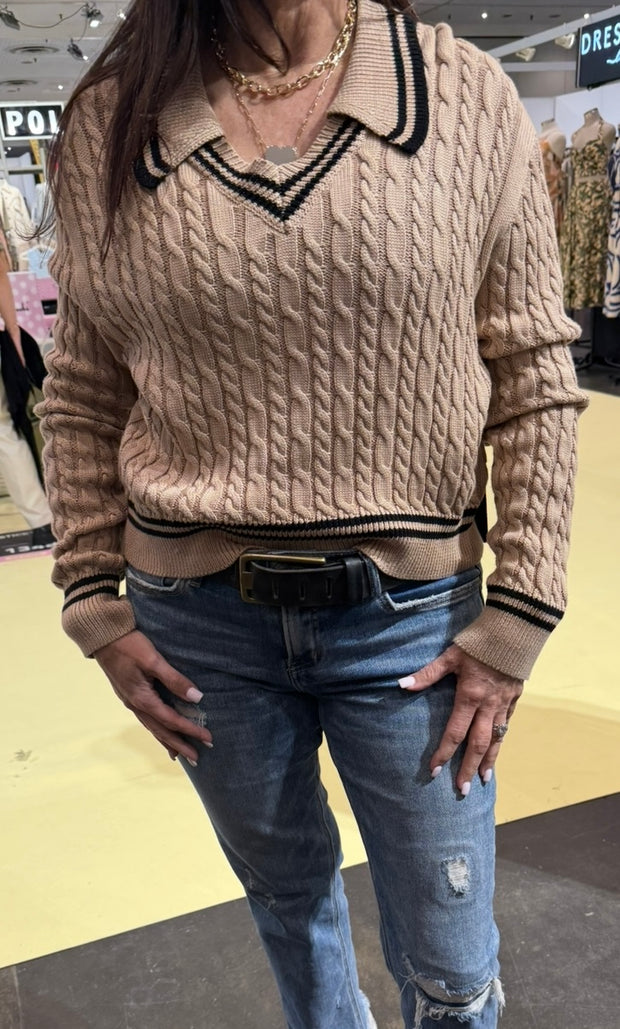 Cable V Neck Sweater With Collar & Trim Detail- Available in 2 Colors!