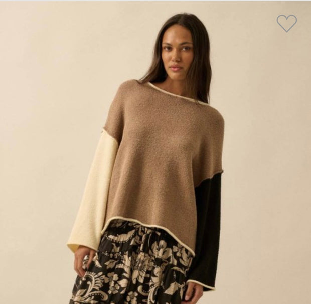 Taupe/Black Colorblock Knit Rolled Edge Sweater