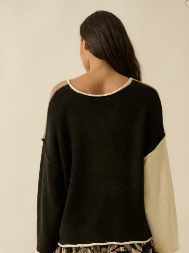 Taupe/Black Colorblock Knit Rolled Edge Sweater