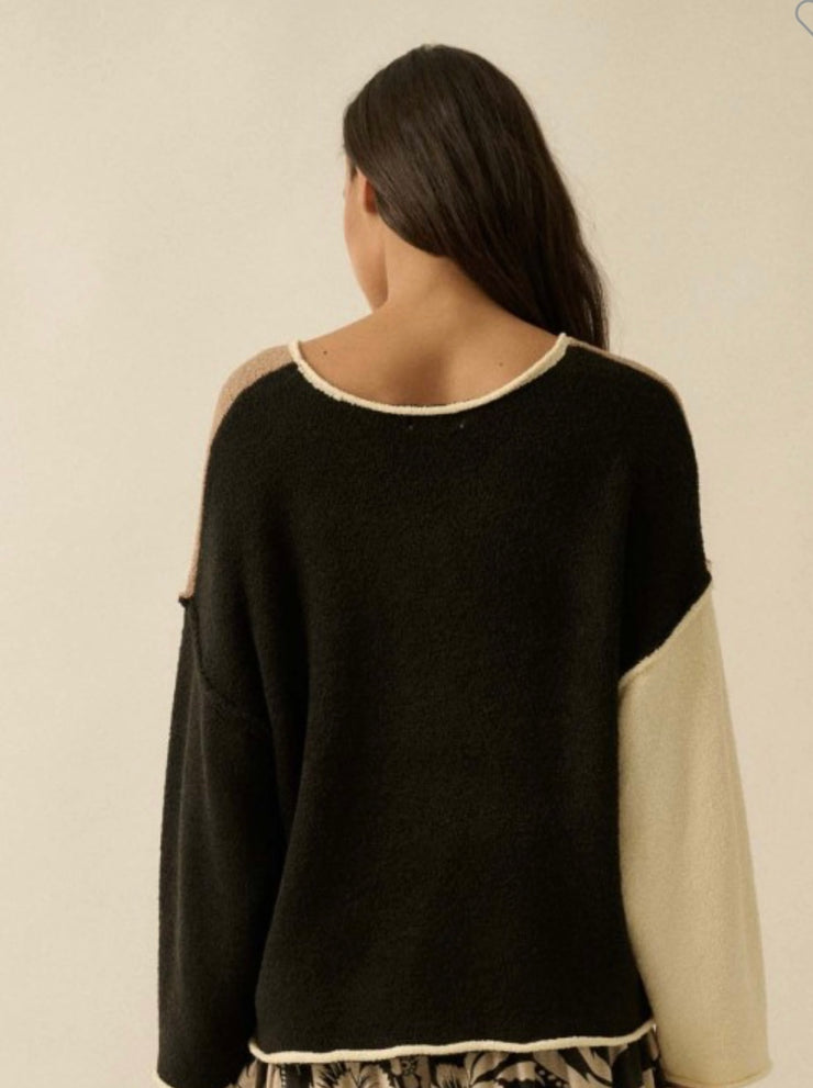 Taupe/Black Colorblock Knit Rolled Edge Sweater