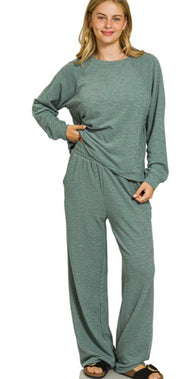 Long Sleeve Top & Pant Slub Set- Available In Ash Jade and Black