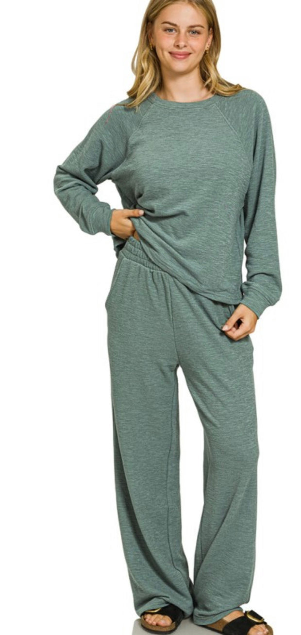 Long Sleeve Top & Pant Slub Set- Available In Ash Jade and Black