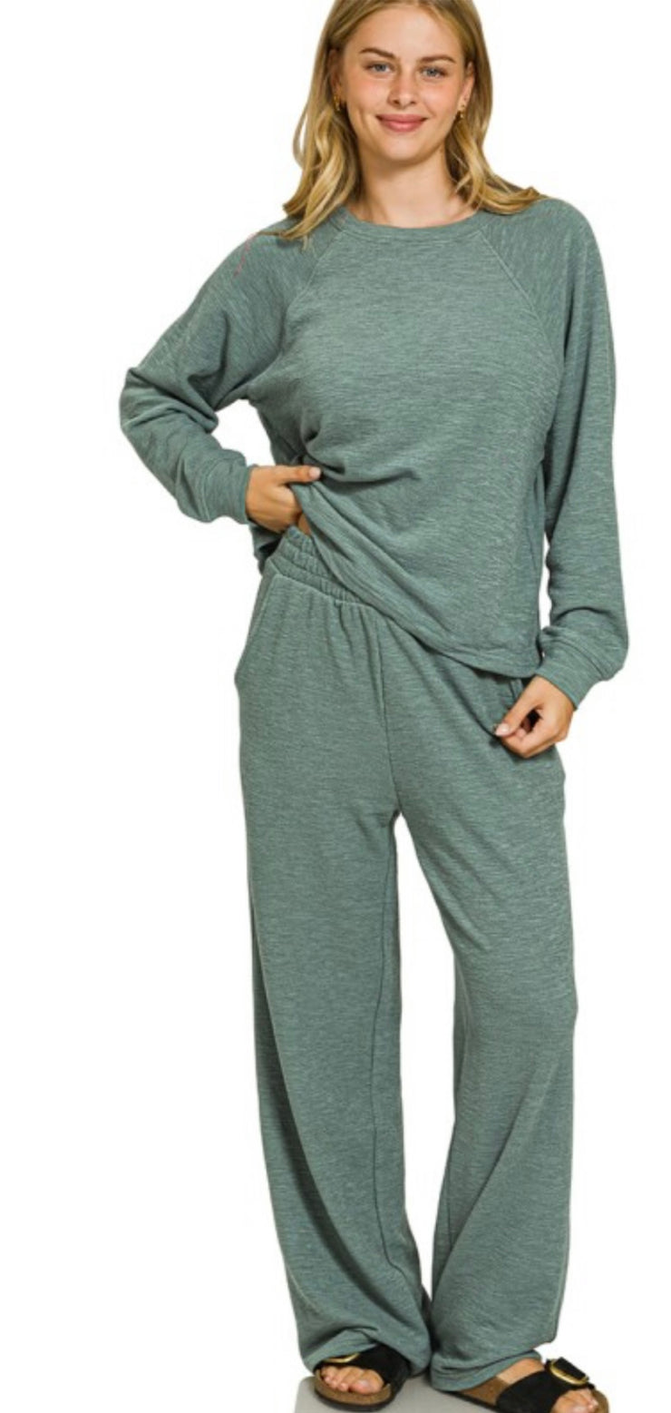 Long Sleeve Top & Pant Slub Set- Available In Ash Jade and Black