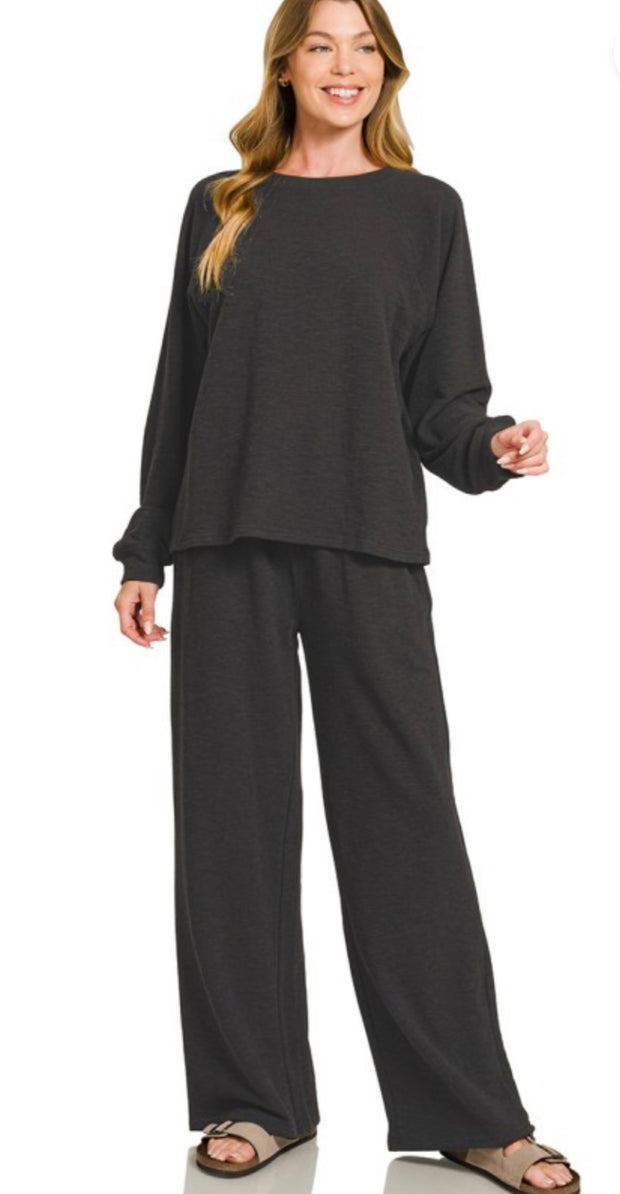 Long Sleeve Top & Pant Slub Set- Available In Ash Jade and Black