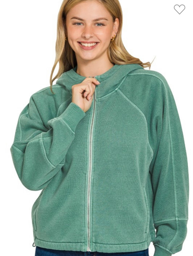Dark Green Fleece Zip Up Hoodie With Pockets