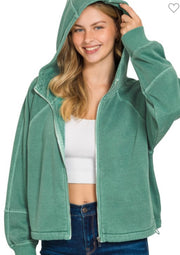 Dark Green Fleece Zip Up Hoodie With Pockets