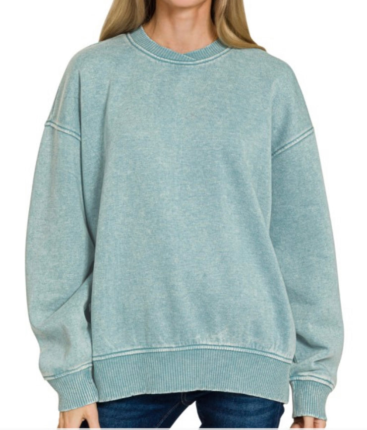 Ash Blue Acid Washed Fleece Sweatshirt With Ribbed Trim
