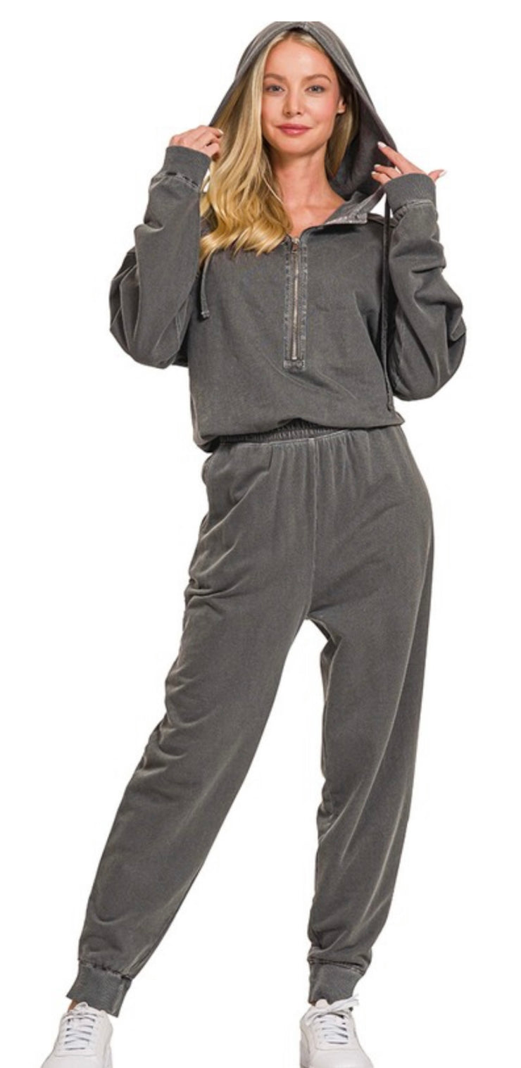 Mineral Washed French Terry Jumpsuit- Available in Charcoal & Brown