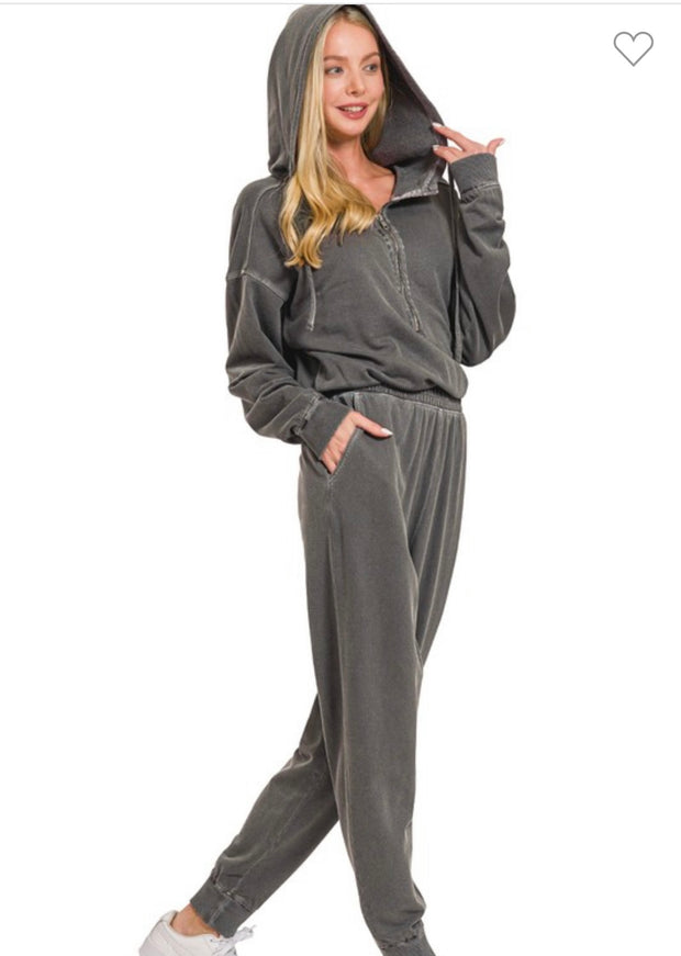 Mineral Washed French Terry Jumpsuit- Available in Charcoal & Brown