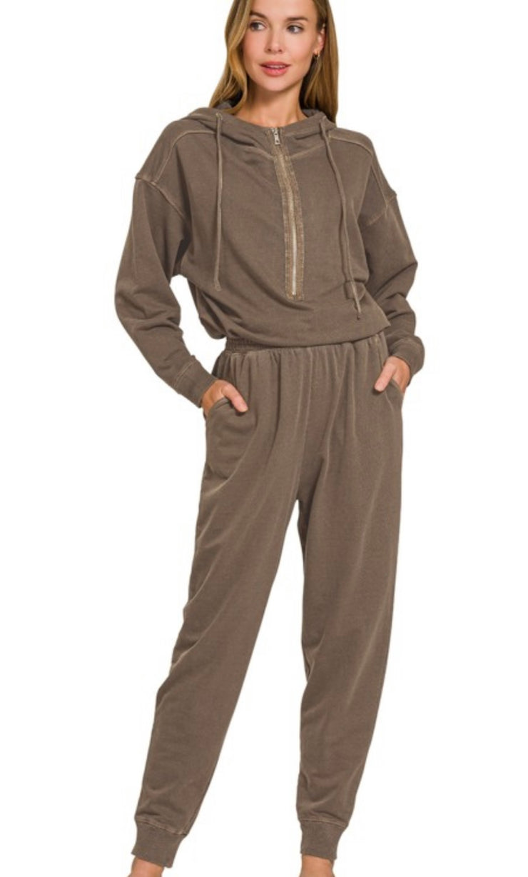 Mineral Washed French Terry Jumpsuit- Available in Charcoal & Brown