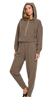 Mineral Washed French Terry Jumpsuit- Available in Charcoal & Brown