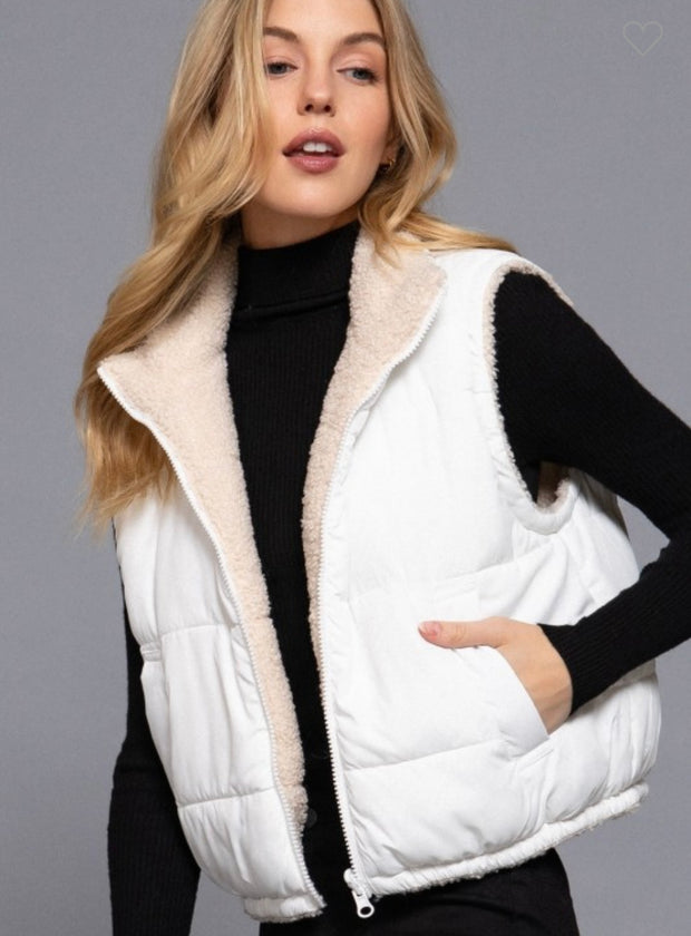 3 Colors-Reversible Fur Padding Vest- Available in Black.White & Sage Green