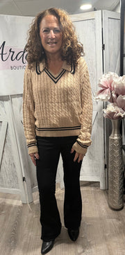 Cable V Neck Sweater With Collar & Trim Detail- Available in 2 Colors!